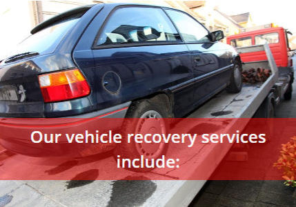 Blue car being recovered on back of recovery truck. Caption says: 'Our vehicle recovery services include:'