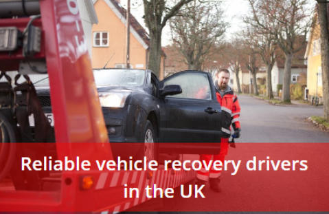 Dark coloured car being recovered on back of recovery truck. Caption says 'Reliable vehicle recovery drivers in the UK'